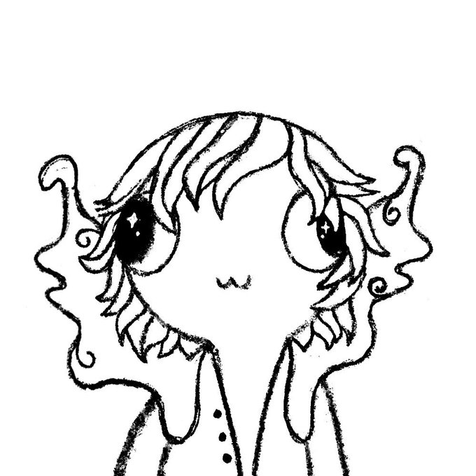 A black-and-white line drawing of a cute anime-style character with large sparkling eyes and wavy hair, styled in a chibi aesthetic, complementing the post's playful "dumber than I am" self-deprecating tone about minting an NFT.