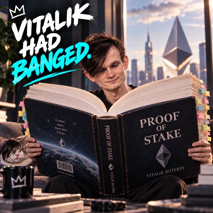 A meme-style image features a man resembling Vitalik Buterin reading a giant book titled 'Proof of Stake' with the text 'VITALIK HAD BANGED.' overlaid.
