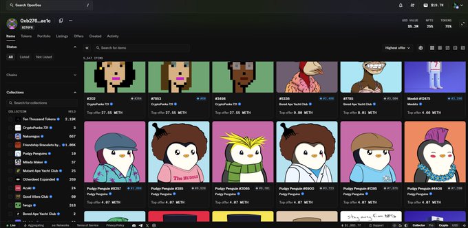 A screenshot of an OpenSea NFT marketplace collection called '0xb276...ac4c' displaying various pixel-art character NFTs from CryptoPunks and Pudgy Penguins collections.