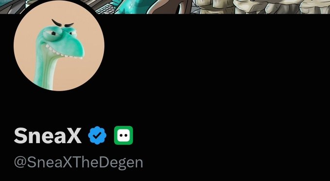 A social media profile for 'SneaX' (@SneaXTheDegen) with a verified badge, featuring a meme-style avatar of a green dinosaur-like creature against a peach background.