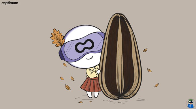 A cartoon illustration featuring a small character wearing a purple sleep mask with an infinity symbol, standing next to a massive sunflower seed in a field with falling leaves, branded with the 'optimium' logo.