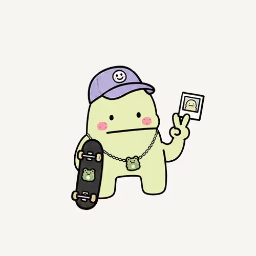 A cartoon illustration of a cute green blob-like character wearing a purple smiley-face cap, holding a skateboard and a small photo card while making a peace sign.