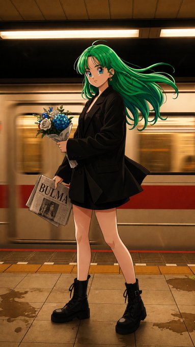 An anime-style illustration of a green-haired woman in a black coat holding blue flowers and a newspaper labeled 'BULMA' on a subway platform.