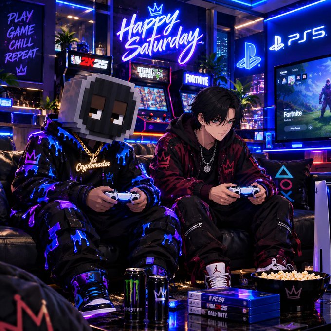 An anime-style illustration of two gamers playing video games in a neon-lit room with 'Happy Saturday' neon sign, PS5, NBA 2K25, and Fortnite displays visible, wearing Cryptomaster hoodies.