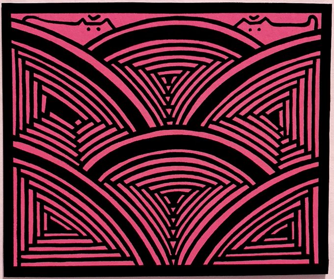 "Purring Over Purrtals" — a bold geometric composition in pink and black by Everyday Automatic #995 (9/6/2026), featuring nested triangular fan motifs that resemble stylized cat ears, fitting the punning theme of the title.

The repeating symmetrical patterns evoke purring, radiating energy, or the rhythmic arches of multiple "portals" arranged in a decorative grid.