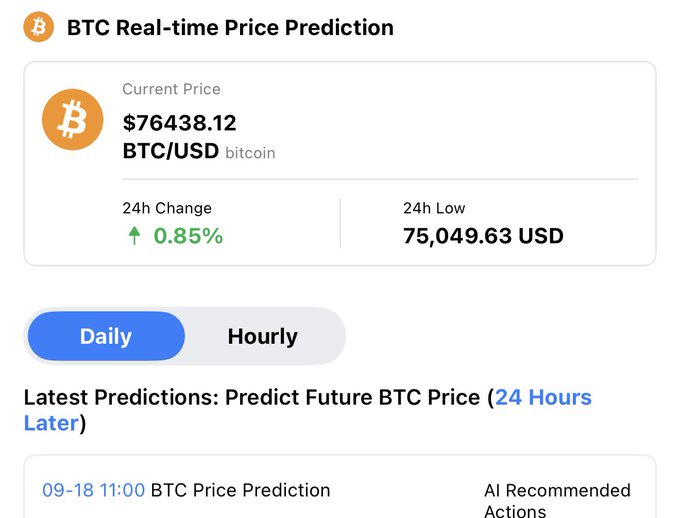A BTC Real-time Price Prediction dashboard showing BTC/USD at $76438.12 with a 0.85% 24h increase and a 24h low of $75,049.63 USD.