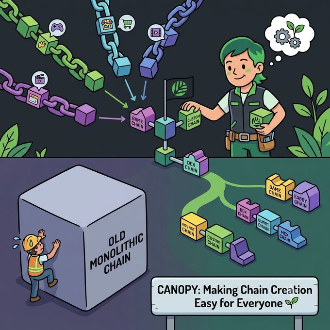 An illustrated infographic titled 'CANOPY: Making Chain Creation Easy for Everyone' contrasts an 'OLD MONOLITHIC CHAIN' cube with a modular system of connected blocks labeled 'CUSTOM CHAIN', 'DEX CHAIN', 'GAME CHAIN', 'CUSTODY CHAIN', and others.