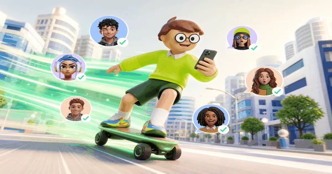 A 3D-animated character in glasses and a green sweater zooms on a glowing green skateboard through a cityscape while looking at a smartphone, surrounded by floating circular avatars of diverse people with checkmarks—visually conveying the speed, lightness, and human-friendly nature of the "ASI-mini" model promoted for small tasks on asi1.ai.