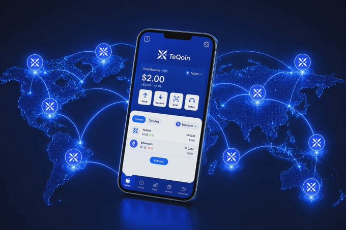 A smartphone displays the TeQoin wallet app showing a $2.00 total balance with options to Send, Receive, Scan, and Bridge, with pending transactions to Ethereum. The phone is set against a glowing blue world map connected by light beams and TeQoin logos, visually reinforcing the post's message of a global, Ethereum-aligned Layer-2 network for instant, low-cost, high-throughput payments.