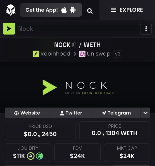 The image shows a DexScreener listing for the NOCK/WETH token pair, displaying a locked liquidity of $11K (with a lock icon) and a market cap of $24K. This visually confirms the post's claim, as the lock indicator and green verification badge next to the liquidity figure demonstrate that Nock's liquidity is now officially tracked and verified on the platform.