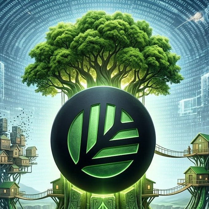 A digital artwork featuring a large tree growing from a dark sphere with green leaf cutouts, surrounded by treehouse structures connected by bridges, set against a backdrop of binary code.