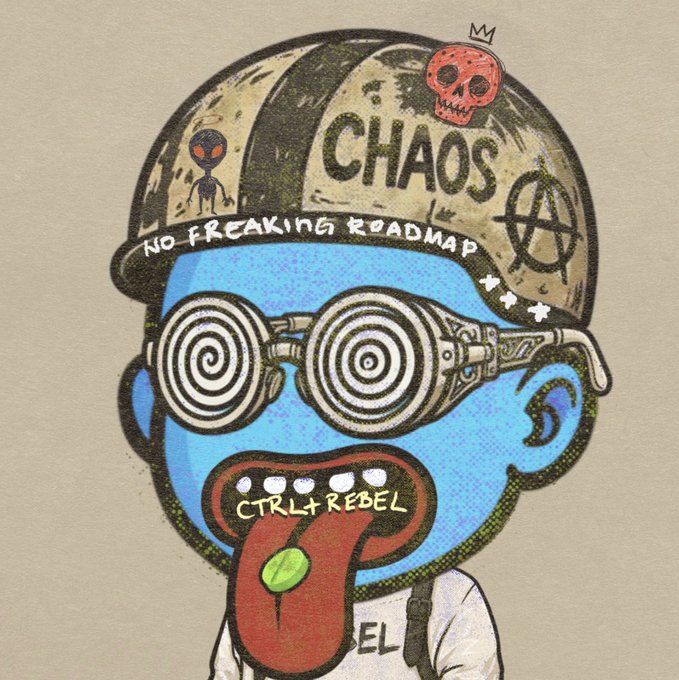 A cartoon illustration of a blue character wearing spiral glasses and a helmet labeled 'CHAOS' and 'NO FREAKING ROADMAP' sticks out a long tongue reading 'CTRL+REBEL' with a green pill resting on it.