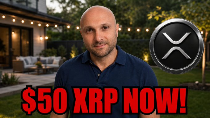 A YouTube thumbnail featuring a bald man in a blue polo shirt standing in a backyard setting, with the XRP cryptocurrency logo displayed prominently on the right and bold red text reading "$50 XRP NOW!" across the bottom. The image supports the post's bullish thesis by visually emphasizing XRP's price potential, with the dramatic "$50" claim directly contrasting the post's argument about fixed 100B supply meeting surging AI-driven demand.