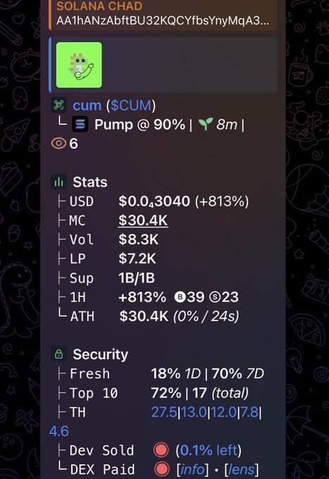 A token analytics page for 'cum ($CUM)' on Solana shows a price of $0.43040 (+813%), a $30.4K market cap, and security details including top 10 holding 72%.