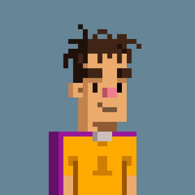 Pixel art portrait of a punk with messy dark brown hair, wearing a yellow shirt with a purple sash, set against a gray-blue background. The image represents the "CypherPunk #31" being revealed for auction on day 31 of the cypherpunks.art project.