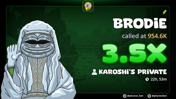 A crypto call graphic showing 'BRODIE called at 954.6K' achieving a '3.5X' return in 'KAROSHI'S PRIVATE' channel (22h, 53m), posted by @phanes.bot.