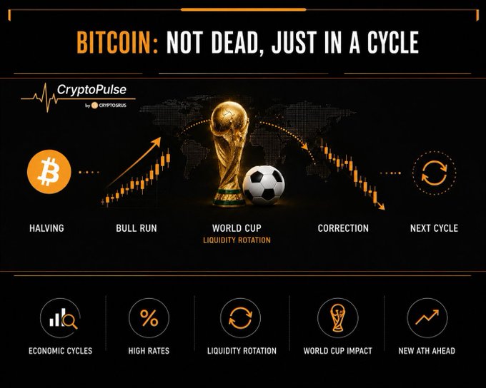 The image shows a poster with a gold soccer ball and a golden trophy, along with a map of the world, and various icons representing different aspects of Bitcoin trading. The text on the poster states that Bitcoin is not dead just yet, as it has been dropping in value over time. It also mentions that Bitcoin follows a specific pattern where it goes through cycles of halving, bull runs, and major corrections. This pattern has been observed multiple times throughout its history.