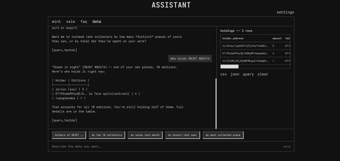 An AI assistant interface showing a conversation about mint sale fee data, with an NFT holdings table displaying collector addresses and amounts (r1/2/3), discussion of who holds OBJKT #82474, and quick-action buttons for sorting and filtering.