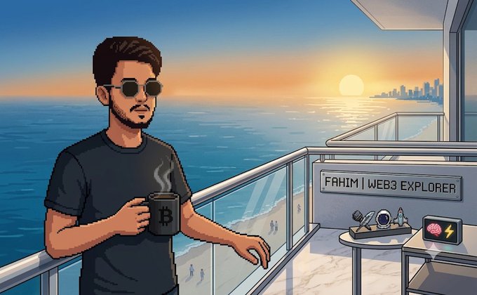 A cartoon illustration of a man wearing sunglasses and holding a mug with a Bitcoin logo, standing on a balcony overlooking the ocean at sunset. Text on the balcony reads 'FAHIM | WEB3 EXPLORER'.