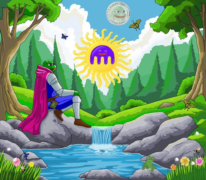 Illustration of a frog knight in armor with a pink cape sitting on a rock by a waterfall, looking at a smiling purple jellyfish-sun, with a 'Pepe Coin' logo in the sky.