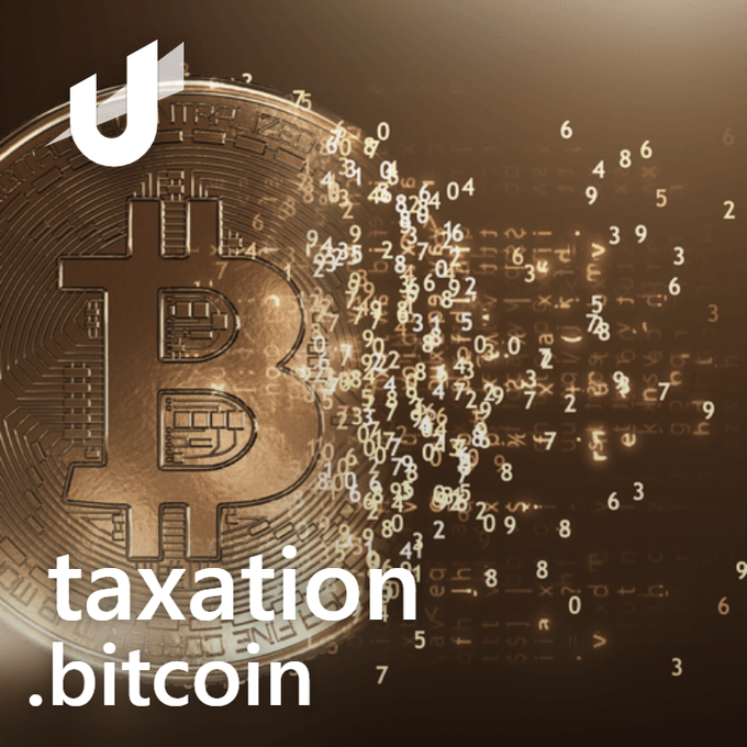 The image shows a golden Bitcoin with circuit-board detailing dissolving into scattered numerical digits, paired with the "taxation.bitcoin" domain name and the Unstoppable Domains logo, visually promoting the premium blockchain domain related to Bitcoin taxation.