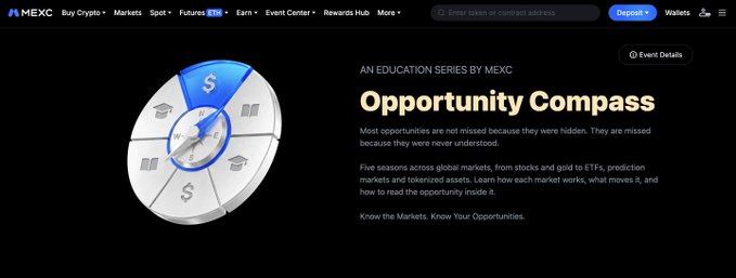 A screenshot of the MEXC cryptocurrency exchange website promoting 'Opportunity Compass: An Education Series by MEXC' with a spinning wheel graphic, covering topics across global markets from stocks to ETFs and tokenized assets.