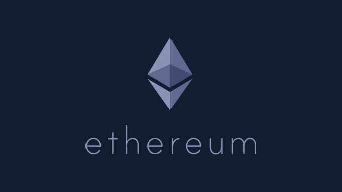 The Ethereum logo, featuring the geometric diamond symbol above the word 'ethereum' in lowercase letters on a dark navy background.