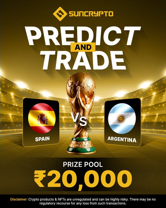 A promotional graphic for SunCrypto's "Predict and Trade" giveaway featuring a Spain vs. Argentina FIFA World Cup matchup, showcasing a ₹20,000 prize pool alongside flags of both countries and a golden trophy. The post references the same giveaway, noting that no winners were selected because participants failed to meet the $5,000 $CHZ trading requirement on SunCrypto.
