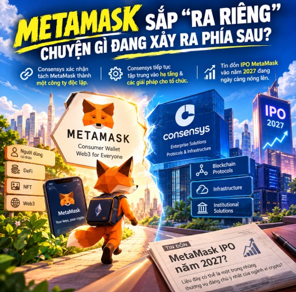 A Vietnamese-language promotional graphic titled 'METAMASK SẮP RA RIÊNG' (MetaMask Going Independent) illustrating the separation of MetaMask from Consensys, with mentions of a rumored MetaMask IPO in 2027 and showing a fox character with a backpack.