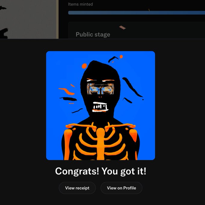 A digital art NFT mint confirmation screen displays a stylized blue and orange skeleton-like figure with the text "Congrats! You got it!" and buttons for "View receipt" and "View on Profile."