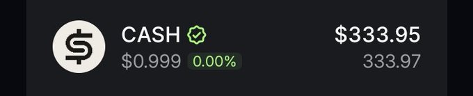 The image displays a crypto wallet entry showing CASH token valued at $333.95 (with a price of $0.999 and 333.97 units held). This relates to the post by illustrating a user's actual balance of CASH tokens, supporting their claim that the "stimmy" or reward from World.xyz is accessible in their wallet and can be withdrawn.