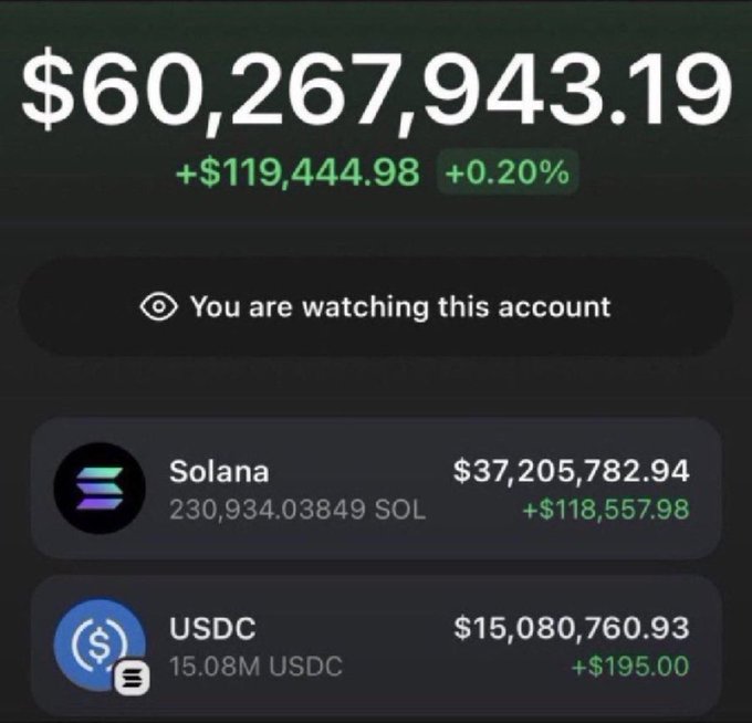 A crypto wallet display shows a balance of $60,267,943.19, with the largest holding being 230,934.03849 SOL ($37,205,782.94) and 15.08M USDC.