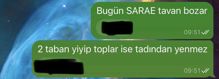 A screenshot of two WhatsApp messages in Turkish discussing the SARAE stock, reading: "Bugün SARAE tavan bozar" (Today SARAE will break its ceiling limit) and "2 taban yiyip toplar ise tadından yenmez" (If it collects after hitting two floors, it will be delicious), sent at 09:51, predicting the stock's turnaround.