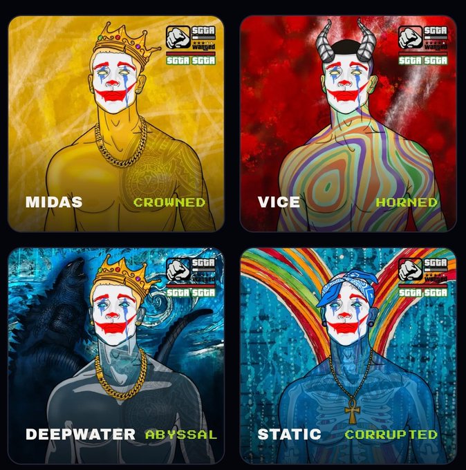 Four NFT-style character cards feature clown-faced figures labeled 'MIDAS CROWNED', 'VICE HORNED', 'DEEPWATER ABYSSAL', and 'STATIC CORRUPTED', each marked with 'SGCR' logos.