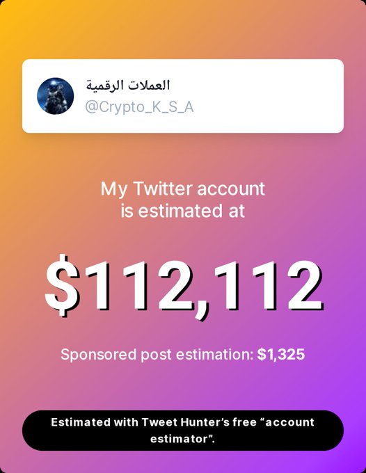 A Tweet Hunter account estimator screenshot showing the Twitter account @Crypto_K_S_A valued at $112,112 with sponsored post estimation of $1,325.