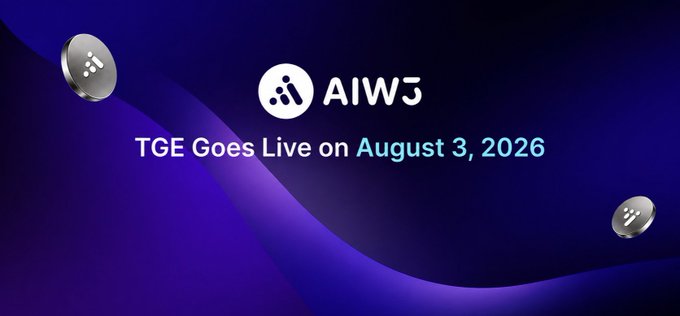 A promotional banner for AIW3 with a dark purple background features the AIW3 logo, coin icons, and the announcement "TGE Goes Live on August 3, 2026," visually announcing the token generation event referenced in the post about the $AIW3 TGE going live and its upcoming AI-native execution layer for on-chain trading.