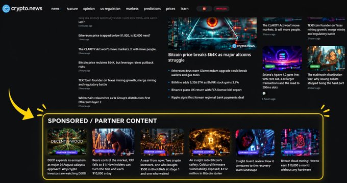 The image shows a crypto.news webpage featuring a "Sponsored/Partner Content" section (highlighted by a yellow arrow) where Decentrawood (DEOD) is prominently displayed, alongside other projects like XRP, AAVE, BTCS, CGAI, and Bitcoin mining content. The headline for DEOD reads "DEOD expands its ecosystem as major AI August catalysts approach," directly tying into the post's announcement about Decentrawood's upcoming August developments, exchange listings, AI Agent updates, and DAO governance covered in the article.