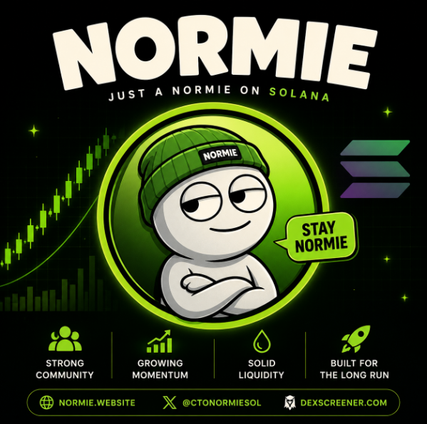 A promotional meme token poster for "NORMIE" on Solana, featuring a cartoon character wearing a green beanie and a "Stay Normie" speech bubble, surrounded by candlestick chart graphics and the Solana logo. The ad highlights four selling points—Strong Community, Growing Momentum, Solid Liquidity, Built for the Long Run—alongside the website NORMIE.WEBSITE, handle @CTONORMIESOL, and a DEXScreener link, visually reinforcing the post's claim of strong liquidity, active trading, and an engaged community.
