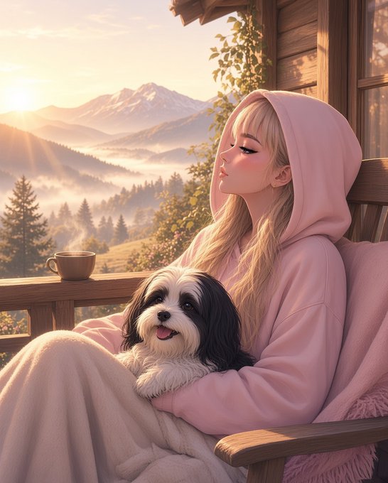 An anime-style illustration of a blonde girl in a pink hoodie peacefully resting with a small black and white dog on her lap, sitting on a wooden porch overlooking a sunlit mountain landscape with a cup of coffee nearby.
