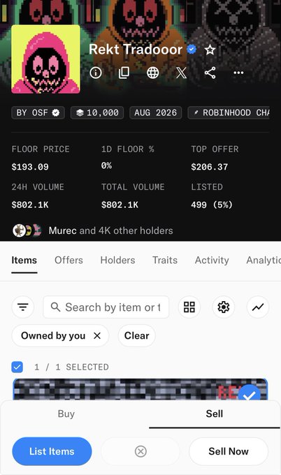 An NFT marketplace screenshot for the 'Rekt Tradoor' collection on RobinHood Chain, showing a floor price of $193.09, 24H volume of $802.1K, and a 'Sell' interface option at the bottom.