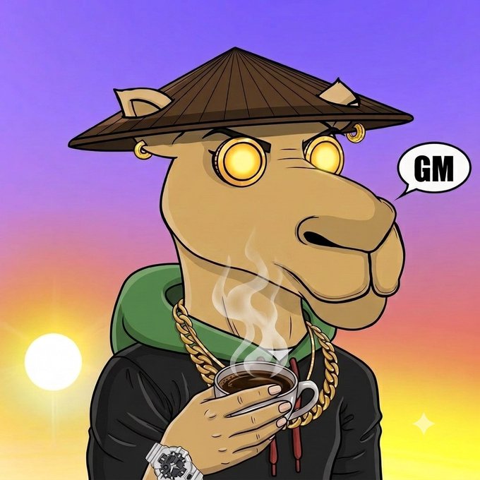 A cartoon camel with glowing yellow eyes wears a conical hat and gold chain, sipping steaming coffee against a sunset backdrop while a speech bubble reads "GM"—visually capturing the casual "gm" (good morning) greeting and "stay sharp" vibe of the crypto/finance community post.