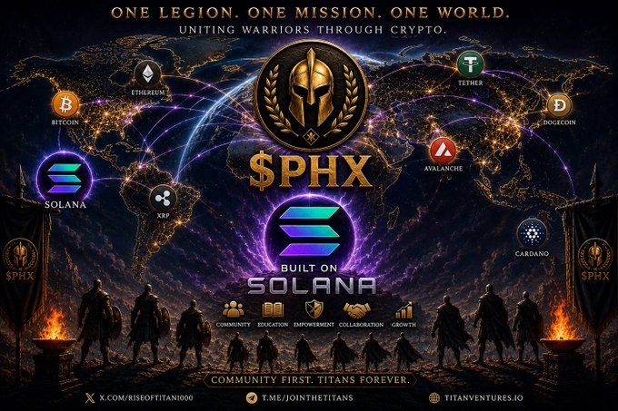 A promotional banner for a cryptocurrency project called '$PHX' built on Solana, featuring a Spartan helmet logo, the tagline 'One Legion. One Mission. One World. Uniting Warriors Through Crypto,' and links to x.com/riseoftitan1000 and titanventures.io.