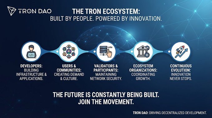 An infographic titled 'THE TRON ECOSYSTEM: BUILT BY PEOPLE. POWERED BY INNOVATION' displaying five circular icons representing developers, users, validators, ecosystem organizations, and continuous evolution.