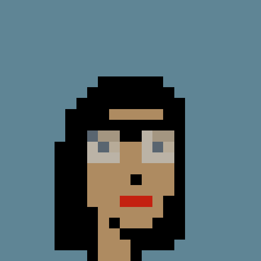A low-resolution pixel art portrait of a person with tan skin, blue eyes, black hair, and a black hat, set against a solid blue background.