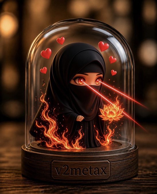 This image depicts a stylized figure in a black hijab within a glass dome, surrounded by flames and hearts, with "v2metax" visible on the base, likely representing the user @V2MetaX from the accompanying giveaway post.