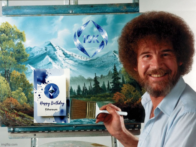 A man with a distinctive afro and beard smiles beside an easel displaying a landscape painting, holding a palette and brush. The painting and a small card on the easel feature the Ethereum logo and the text "10K" and "Happy Birthday Ethereum," referencing the post's celebration of Ethereum's 10,000-day milestone as represented by "the digits."