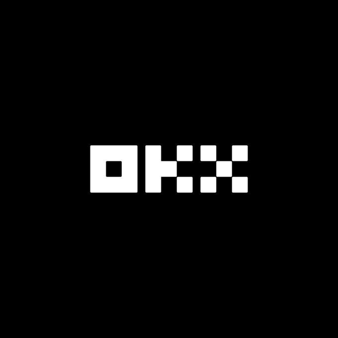 OKX cryptocurrency exchange logo in white pixelated text on a black background.