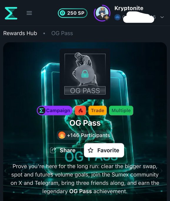 A Sumex "OG Pass" rewards hub page showing a 250 SP balance, a user named "Kryptonite," and details about earning the legendary OG Pass achievement through trading volume and community participation.