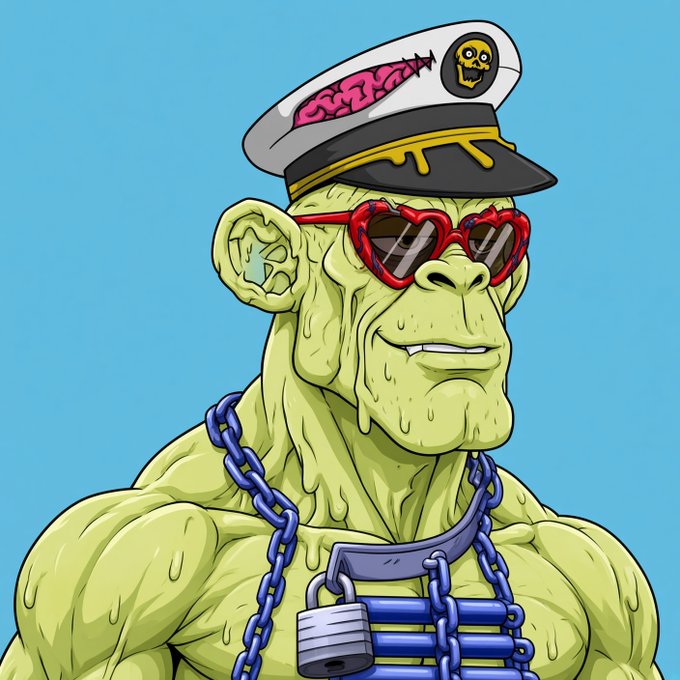 A cartoon illustration of a muscular zombie-like character wearing heart-shaped red sunglasses, a captain's hat with a fish emblem, chains, and a padlock, set against a blue background.
