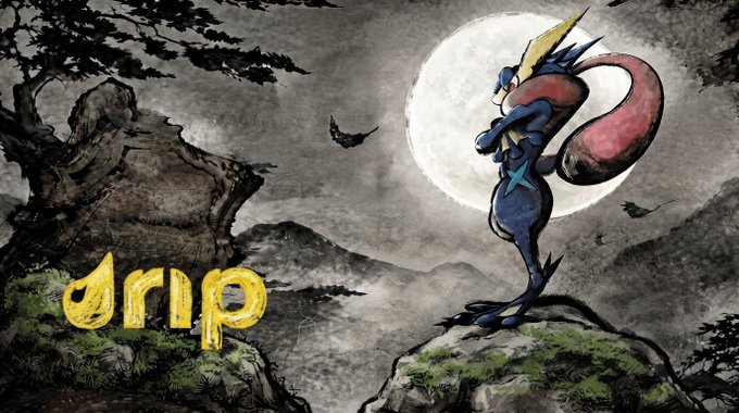 A stylized poster for the game 'drip,' featuring a blue and red lizard-like creature with a star emblem standing on a rock against a large full moon, with the title 'drip' in yellow graffiti-style text.